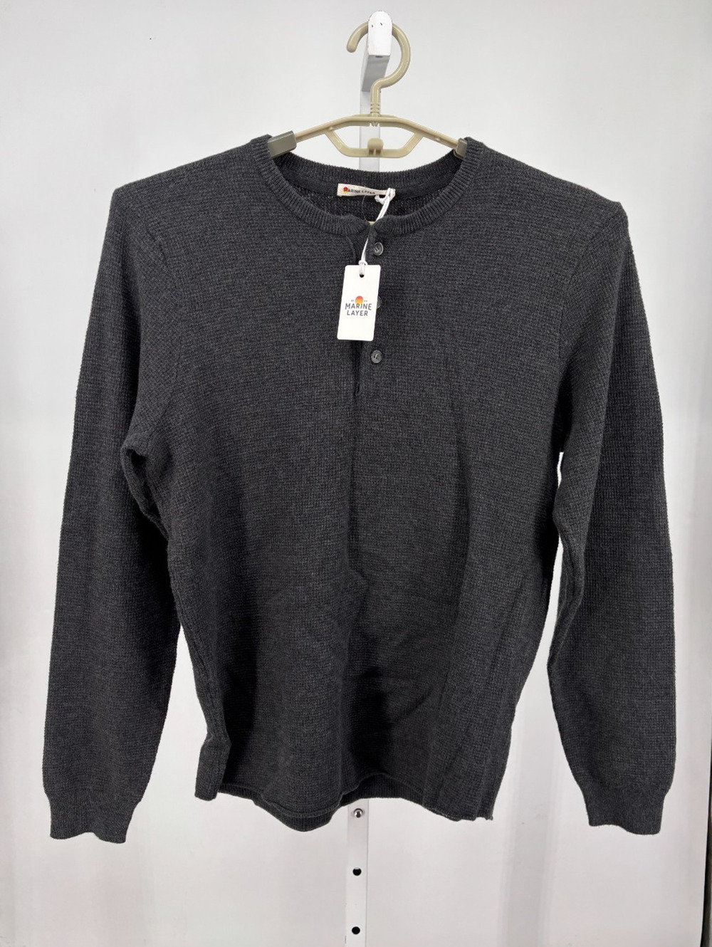 Marine Layer Sweater Henley Mens M Black Oyster Merino Wool Blend Minimalist NWT